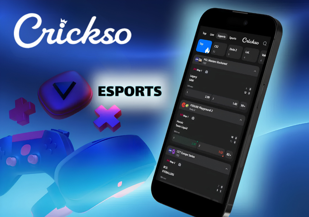 Esports disciplines and tournaments available for betting on the Crickso platform.